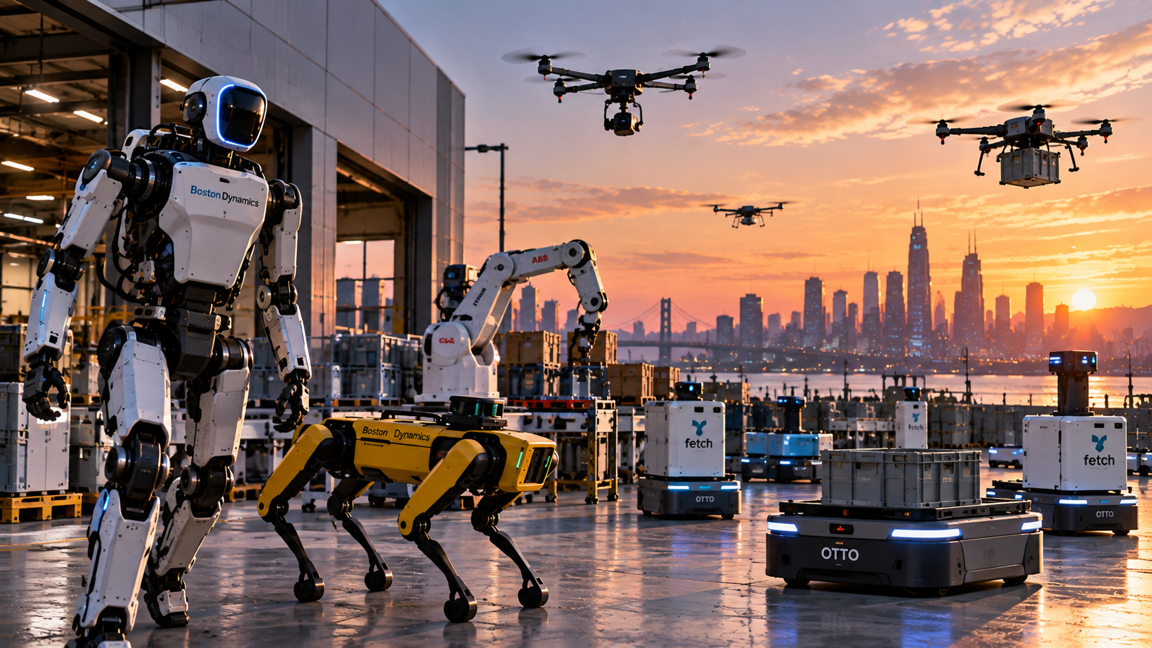 Robotic logistics yard at sunset with autonomous vehicles and drones
